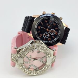 2X Women's Watch 38MM Pink Black Dial Pink Black Plastic Bands New Battery